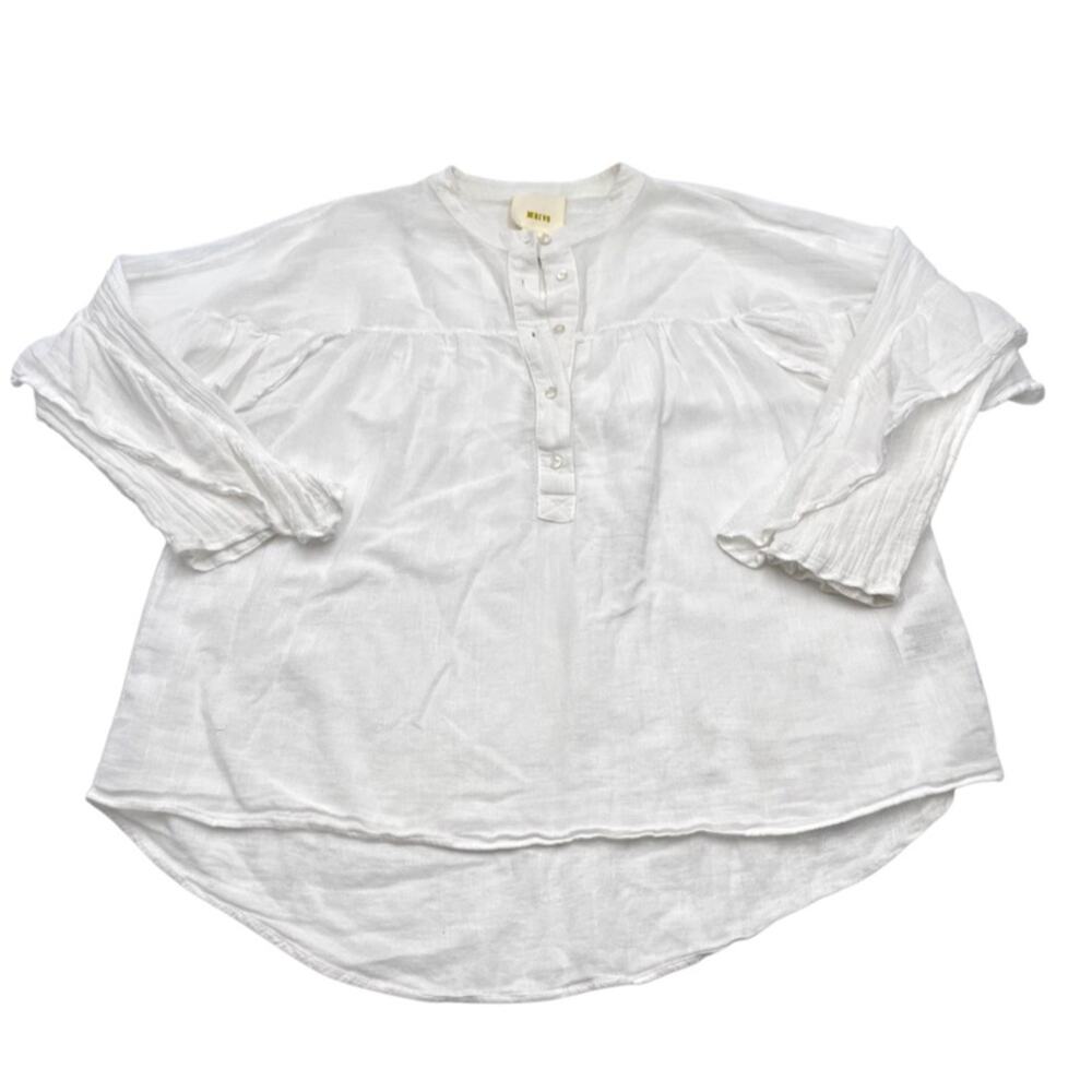 ANTHRO MAUVE white ruffled sleeves 1/4 button up blouse size MEDIUM 100% cotton